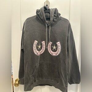 Grey Hoodie with Pink Horseshoe Design saying on the back western fashion
